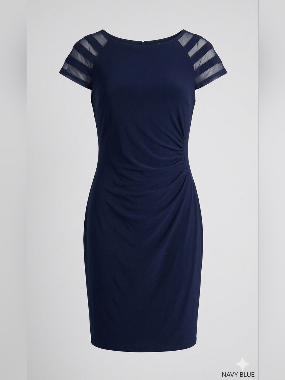 Jessica Howard Navy Blue Sheer Stripe Sleeve Ruched Midi Dress